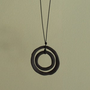 Handmade ceramic necklace, Black porcelain pendant, Porcelain necklace, Cotton cord, Ceramic jewelry, Ceramic hoop necklace