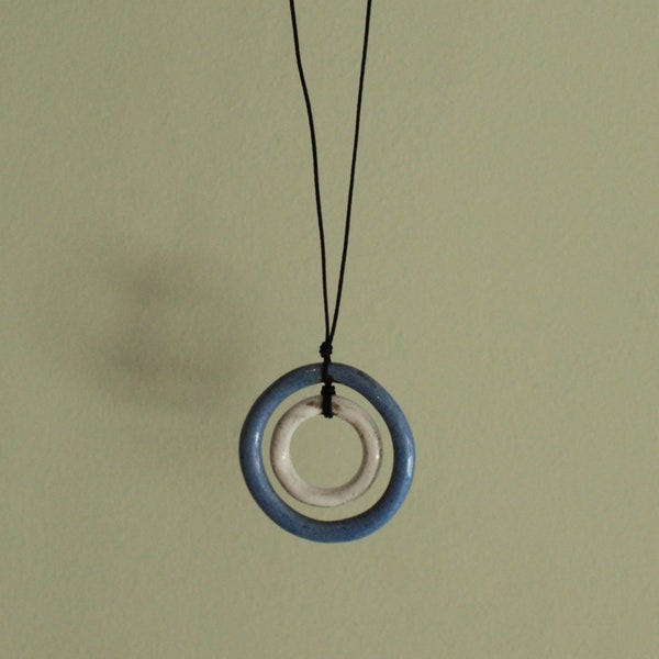 Handmade ceramic necklace, Blue and white ceramic pendant, Stoneware necklace, Cotton cord, Ceramic jewelry, Ceramic hoop necklace