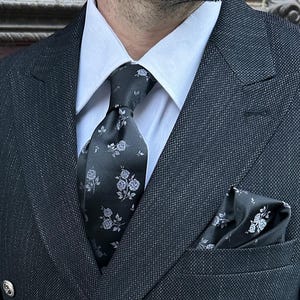 Italian Silk Tie & Pocket Square Set: Rose Pattern, Handcrafted Pattern.