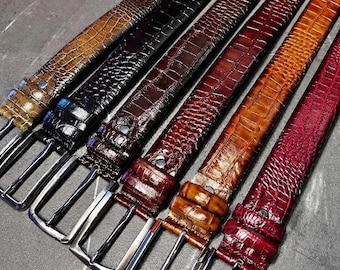 Premium Crocodile Leather Belt - Olive Green, Bloody Red, Brown, Black, Caramel and Tan Colors. Exclusive Gift for Him.