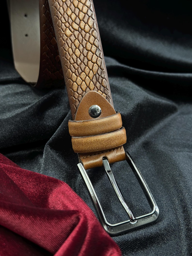 Italian Leather Snake Skin Belt - Brown, Black, Tan Colors. Personalized Gift. image 11