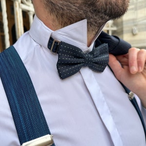 Navy Satin Bow Tie with Gray and Green Pattern - Pre-Tied Prom Bow Tie for Men. Perfect Gift for Teachers or Graduation.
