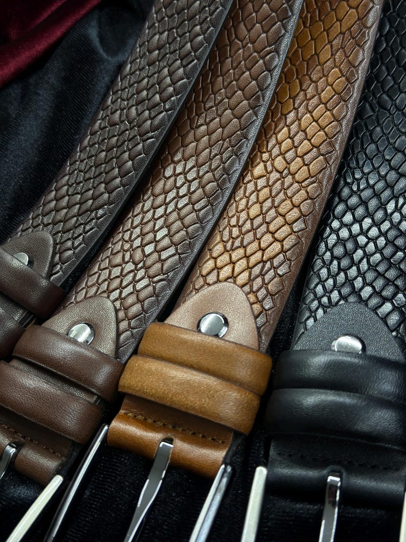Italian Leather Snake Skin Belt - Brown, Black, Tan Colors. Personalized Gift. image 2
