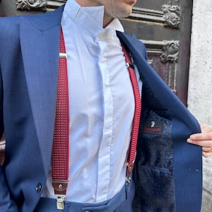 Premium Men’s Suspenders with Leather & Stainless Steel Clips. Customizable Polka Dot Men’s Suspenders with Cherry, Navy and Black Options.