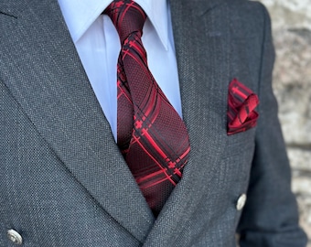 Checkered Silk Tie and Pocket Square Set. Vibrant Red and Black Colors. Exclusive Gifts for Him.