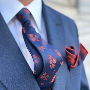 Luxurious Silk Tie and Matching Pocket Square - Red Roses, Green Roses, Silver Roses on Italian Silk. A stylish Touch to Your Romantic Dates