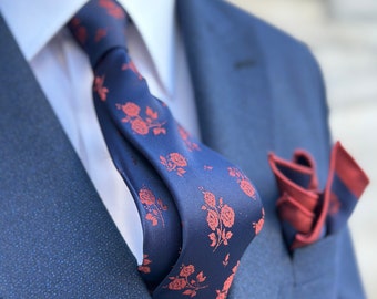 Luxurious Silk Tie and Matching Pocket Square - Red Roses and Green Roses on Dark Blue Silk. A stylish Touch to Your Romantic Dates.