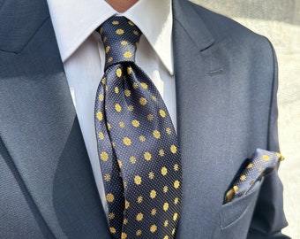 Silk Tie and Pocket Square Set with Polka Dot & Floral Design. Silver Floral Pattern on Black, Copper Floral Pattern on Navy. Luxury Gifts.