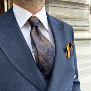 Handmade Silk Men's Tie and Pocket Square - Versatile Style for Every Occasion. Navy and Wine Tie, Navy and Gold Tie, Black and Silver Tie.