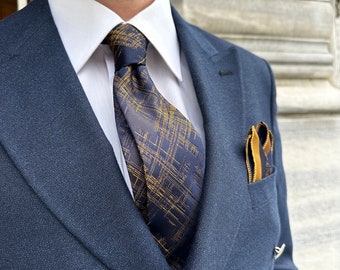 Handmade Silk Men's Tie and Pocket Square - Versatile Style for Every Occasion. Navy and Wine Tie, Navy and Gold Tie, Black and Silver Tie.