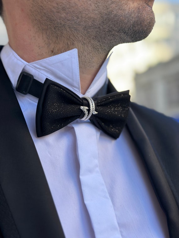 black dress shirt with blue bow tie Glitter Satin Tie: Handmade Wedding Groom Style which are handmade from