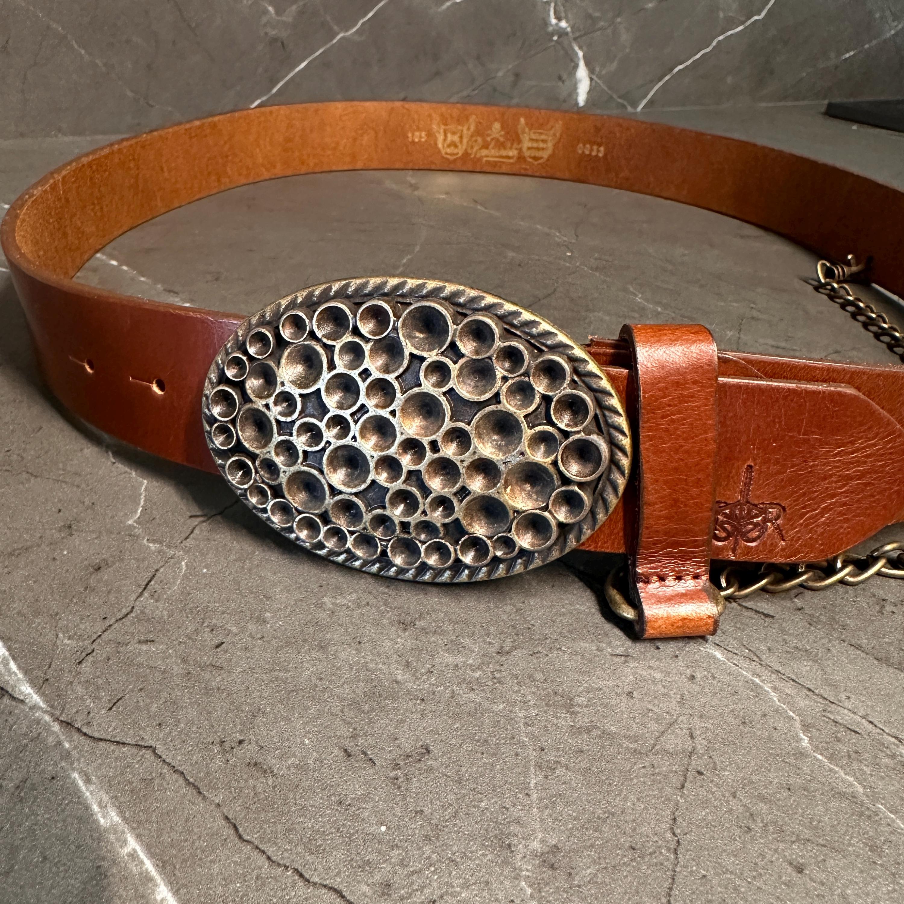 Vintage Made in Italy Braided Leather Medallion Belt – Artisan Statement Piece Artisan Leather Medallion Belt With Brass Chain: Bohemian  main image 3