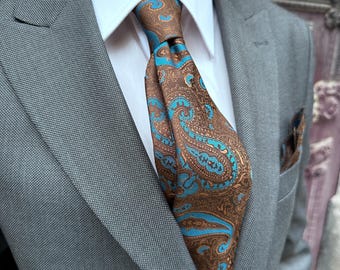 Handmade Paisley Silk Tie & Pocket Square Set: Turkish Craft. Personalized Gift Boxes.