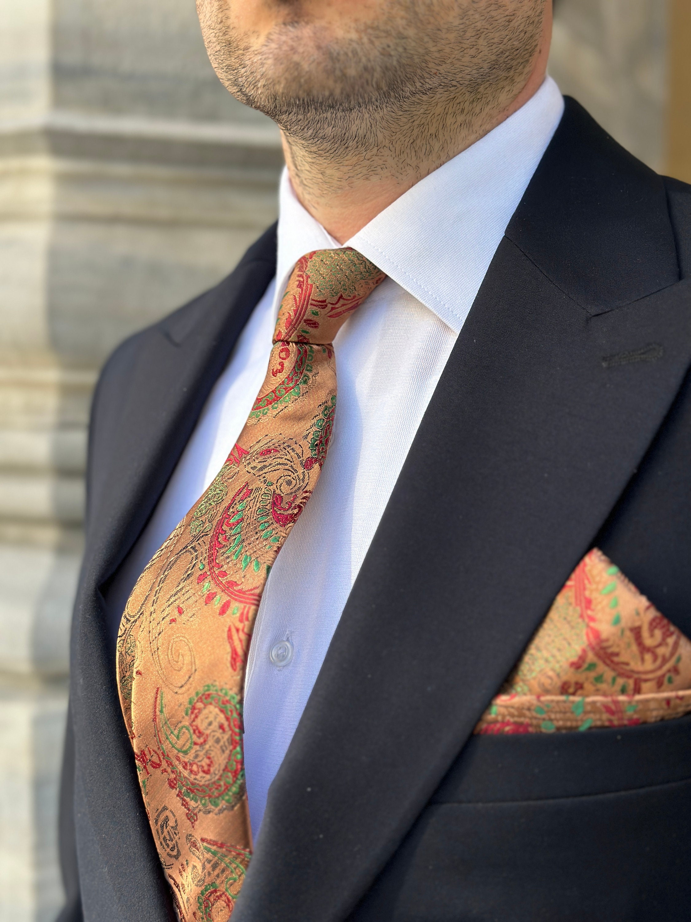 Cravatta Rosa Paisley Con Spilla Cravatta Da Sposa Elegante In Seta Per Uomo Gemelli Fatti A - Foto 9
