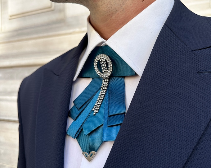 Glossy Black Satin Tie Adorned with Steel Embroidery and Diamond Accent - Mystique Noir With Groomsmen Gift for Boho Wedding.
