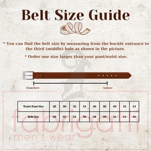 May include: A belt size guide with text instructions and a brown leather belt illustration. The guide shows how to measure for the correct belt size and includes a size chart for waist/pant sizes 28-44 inches and corresponding belt sizes.