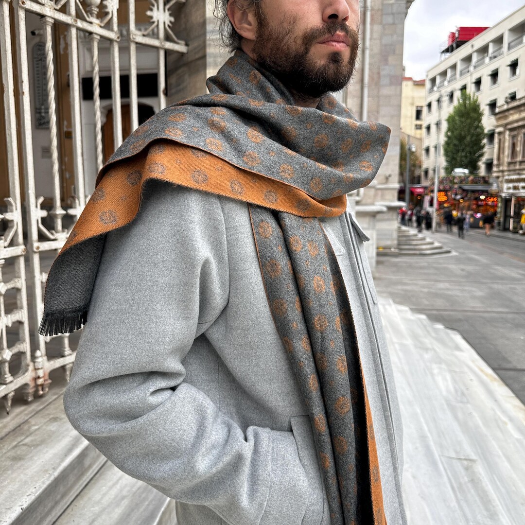 Luxury Reversible Medallion Scarf for Men Handmade Cotton in Gray, Rust ...