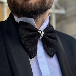 Handmade Glittering Bow Tie for Men - Luxury Oversize Satin Bow Tie for Grooms - Black and Navy Variations.