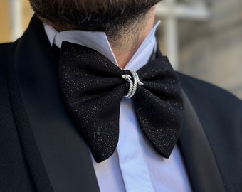 Handmade Glittering Bow Tie for Men - Luxury Oversize Satin Bow Tie for Grooms - Black and Navy Variations.