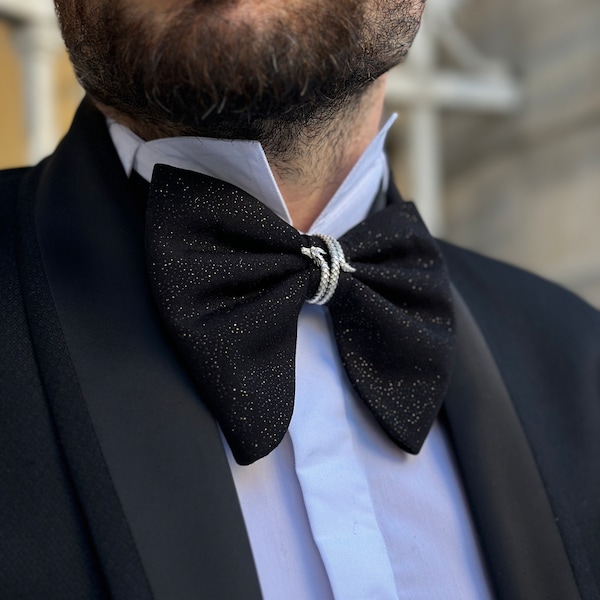 Handmade Glittering Bow Tie for Men - Luxury Oversize Satin Bow Tie for Grooms - Black and Navy Variations.