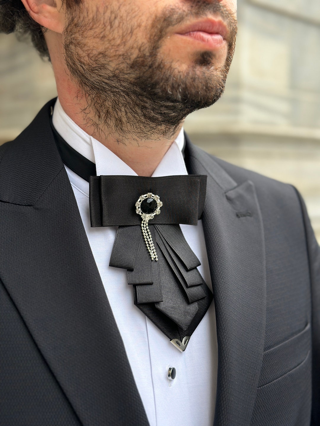Glossy Black Satin Tie Adorned With Steel Embroidery and Diamond Accent ...