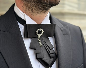 Glossy Black Satin Tie adorned with Steel Embroidery and Diamond Accent - Mystique Noir. With Customizable Wooden Gift Box Options.