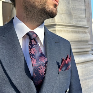 Handmade Silky Tie and Pocket Square Set - Burnt Red Daisies on Navy & Burnt Red. Floral Tie Set for Men with Gift Box Options.