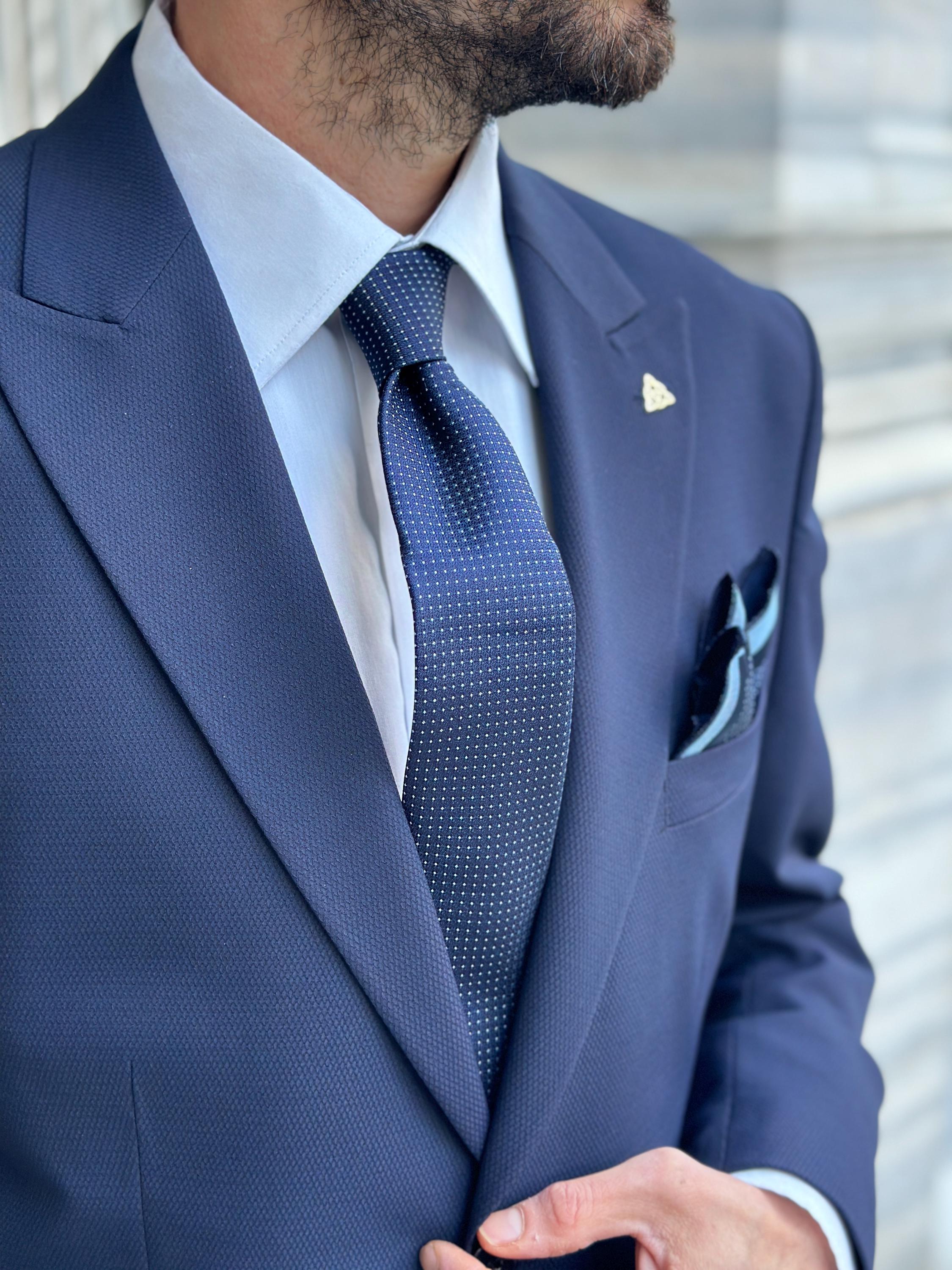 Fashion Habitat Men's Blue Polka Dot Silk Tie & Pocket Square Set – Silver & Pink Accents – Wedding Gift