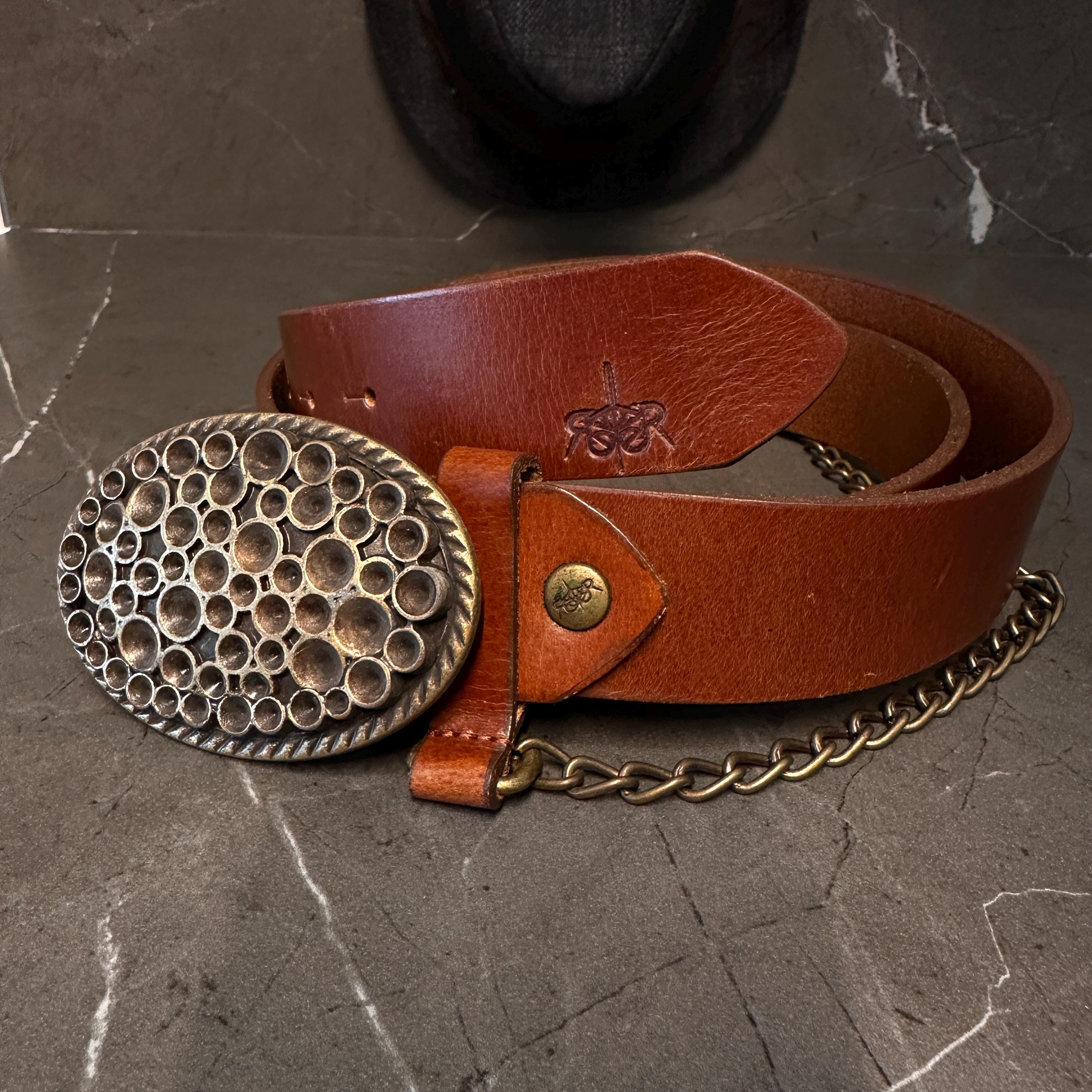Vintage Made in Italy Braided Leather Medallion Belt – Artisan Statement Piece Artisan Leather Medallion Belt With Brass Chain: Bohemian  main image 2
