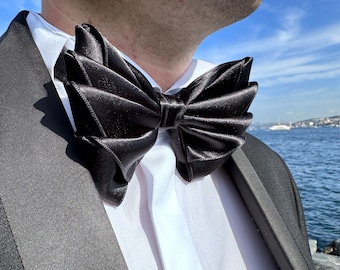 Handwoven Silky Black Bow Tie - Exceptional Design - Personalize Your Bow Tie with Our Range of Unique Ring Accessories!