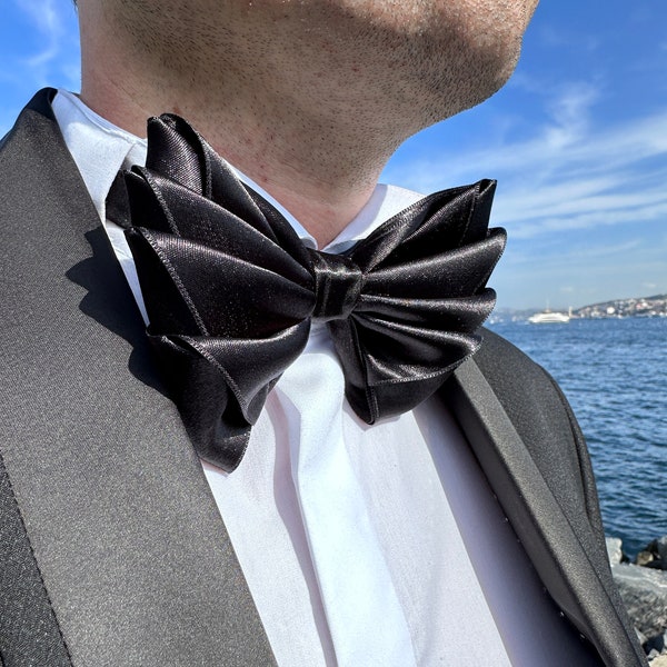 Handwoven Silky Black Bow Tie - Exceptional Design - Personalize Your Bow Tie with Our Range of Unique Ring Accessories!