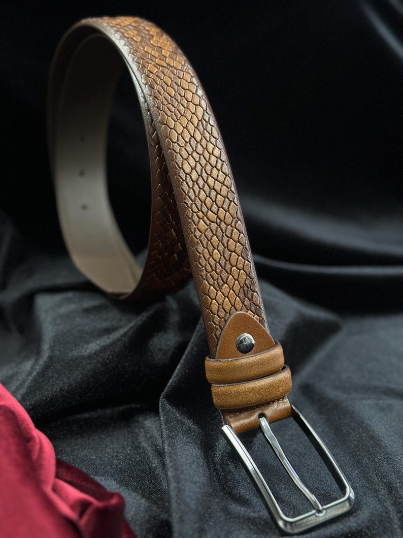 Italian Leather Snake Skin Belt - Brown, Black, Tan Colors. Personalized Gift. Tan