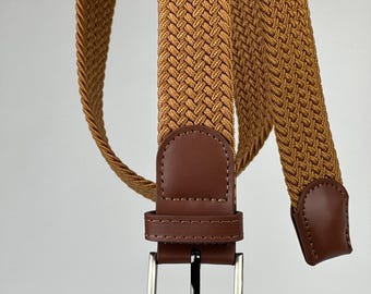 Plus Size Woven Stretch Belt: Genuine Leather Tips, Unisex Braided Design. Big and Tall, Extended Sizes.