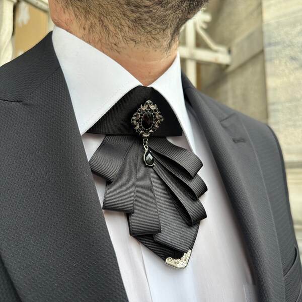 Glossy Black Satin Tie adorned with Steel Embroidery and Diamond Accent - Mystique Noir. With Customizable Wooden Gift Box Options.