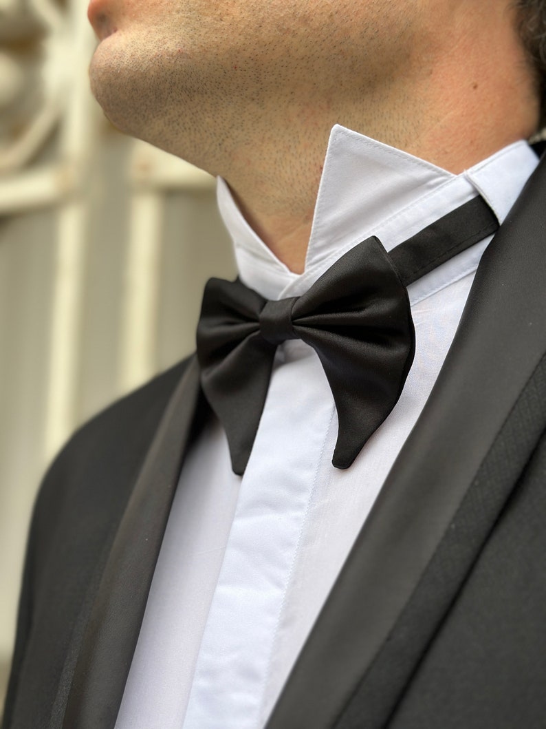 Piano Black Butterfly Bow Tie Handcrafted Black Silk Bow Tie for