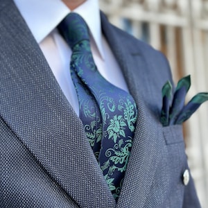Silk Floral Tie and Pocket Square Set - Navy and Green, Navy and Mocha Mousse, Black and Red Floral Tie Set for Men. Birthday Gift for Men.