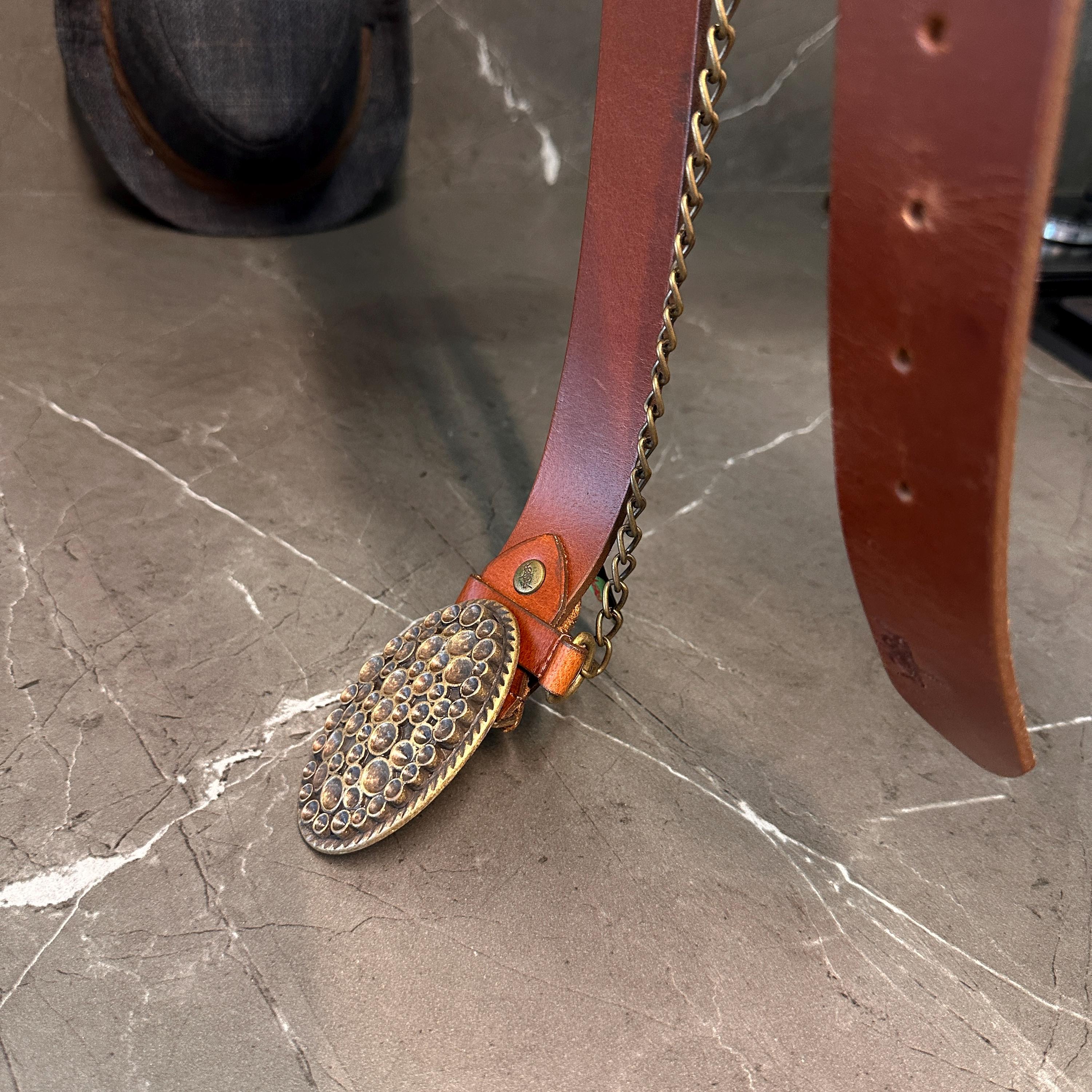 Artisan Leather Medallion Belt With Brass Chain: Bohemian 