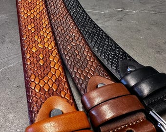 Italian Leather Snake Skin Pattern Belts - Brown, Black, Tan Color Vintage Leather Belts for Men. Unique and Personalized Gift for Birthdays