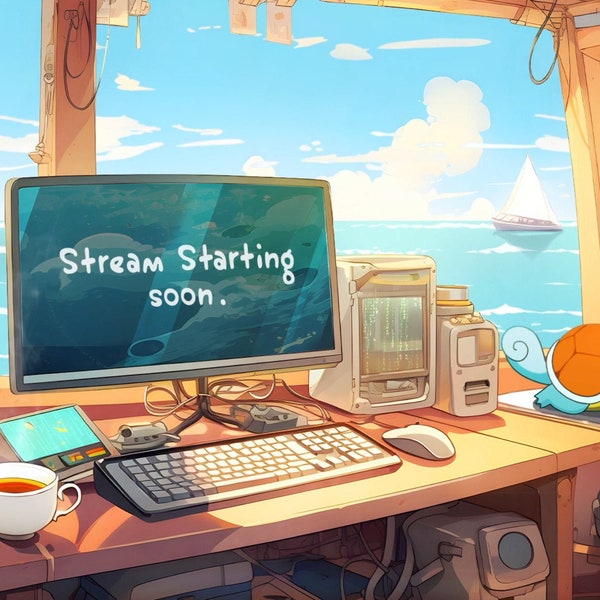 Squirtle Animated Lofi Gaming Desk Twitch Scene - Stream Starting Soon, Be Right Back, Ending Soon, Gameplay, Pokemon, Squirtle