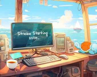 Squirtle Lofi Animated Twitch Stream Scene: Gaming Desk (Digital Download)
