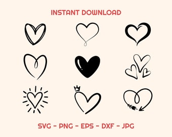 Heart Drawings: Black & White Clipart (Digital Download)