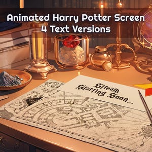 Może przedstawiać: Wizerunkowa mapa szkoły czarodziejów w stylu vintage z tekstem "Stream Starting Soon..." na pergaminie. Mapa jest otoczona różnymi magicznymi przedmiotami, w tym szklanym słojem z czerwonym klejnotem, złotym kompasem i stosem książek.