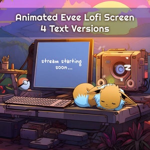 May include: A digital illustration of a computer screen with the text "stream starting soon..." on a blue background. A brown Eevee Pokemon is sleeping on a keyboard in front of the computer. The scene is set in a jungle with lush green foliage and a sunset in the background.