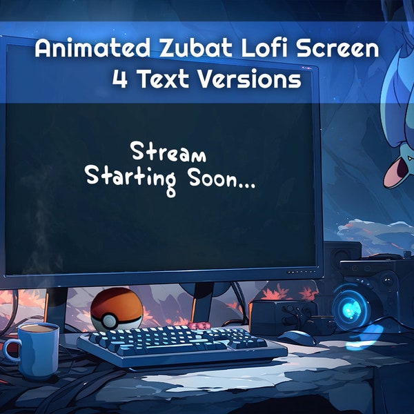 Zubat Animated Lofi Gaming Desk Twitch Scene, Stream Starting Soon, Be Right Back, Thanx for Watching, Offline, Pokemon, Zubat