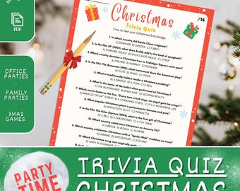 May include: A Christmas trivia quiz sheet with a red border, featuring questions about festive traditions. A pencil with a red bow rests on the sheet. The words "Christmas Trivia Quiz" are prominently displayed. The image also includes the text "Party Time Christmas".