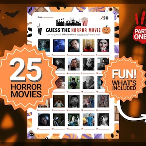 May include: A Halloween-themed game board with the text "Guess the Horror Movie." The game includes 25 horror movies to guess, with a pumpkin and a handprint that says "Part One." The game is orange and black.