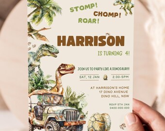 Plantilla de invitación de cumpleaños de dinosaurio, invitación editable para cumpleaños de dinosaurio, invitación para fiesta de cumpleaños de niño, fiesta de 4.º cumpleaños infantil, pisotea a un dinosaurio