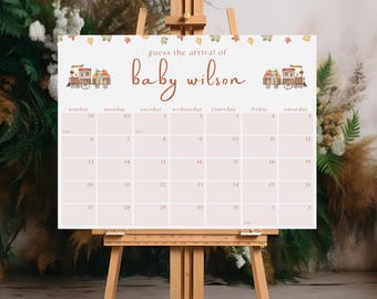 May include: A pink and white calendar with a fall theme. The calendar has the days of the week listed at the top and the numbers 20 through 31 listed below. The calendar is decorated with small images of trains and leaves. The text "guess the arrival of baby wilson" is at the top of the calendar.