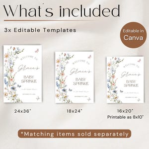 May include: Three editable baby sprinkle templates in various sizes: 24x36 inches, 18x24 inches, and 16x20 inches (printable as 8x10 inches). Each template features floral designs and the text "Welcome to Grace's Baby Sprinkle". Editable in Canva.