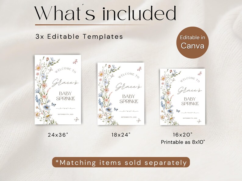 May include: Three editable baby sprinkle templates in various sizes: 24x36 inches, 18x24 inches, and 16x20 inches (printable as 8x10 inches). Each template features floral designs and the text "Welcome to Grace's Baby Sprinkle". Editable in Canva.